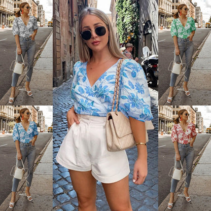 V-Neck Five-Sleeve Printed Blouse