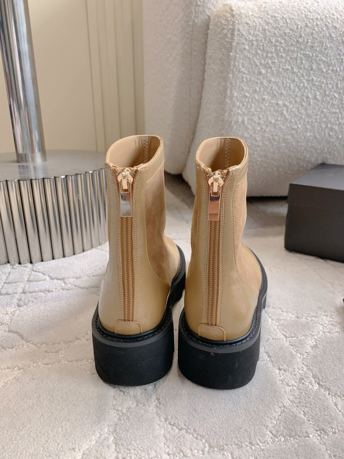 CC New Platform Ankle Boots Light Brown Suede Glossy Sheepskin
