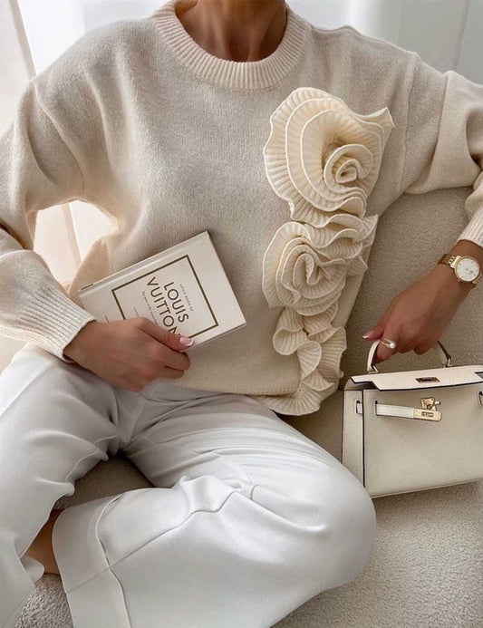 Elegant 3D Floral Round Neck Pullover Sweater