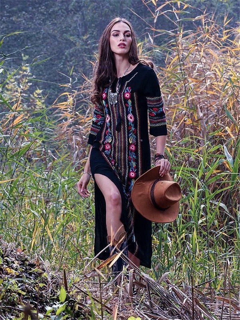 New Rayon Embroidered Mid-Length-Sleeved Beach Skirt Holiday Long Dress