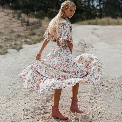 Bohemian Deep V Collar Tie With Back-To-Back Retro-Printed Large Irregular Dress