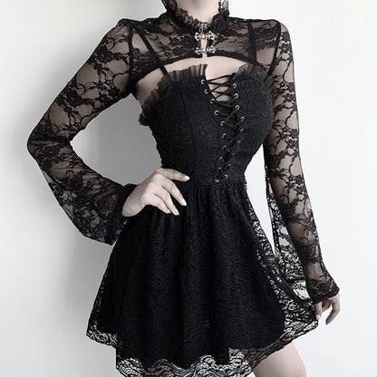 Chic Black Lace Blouse with Stand Collar and Bell Sleeves