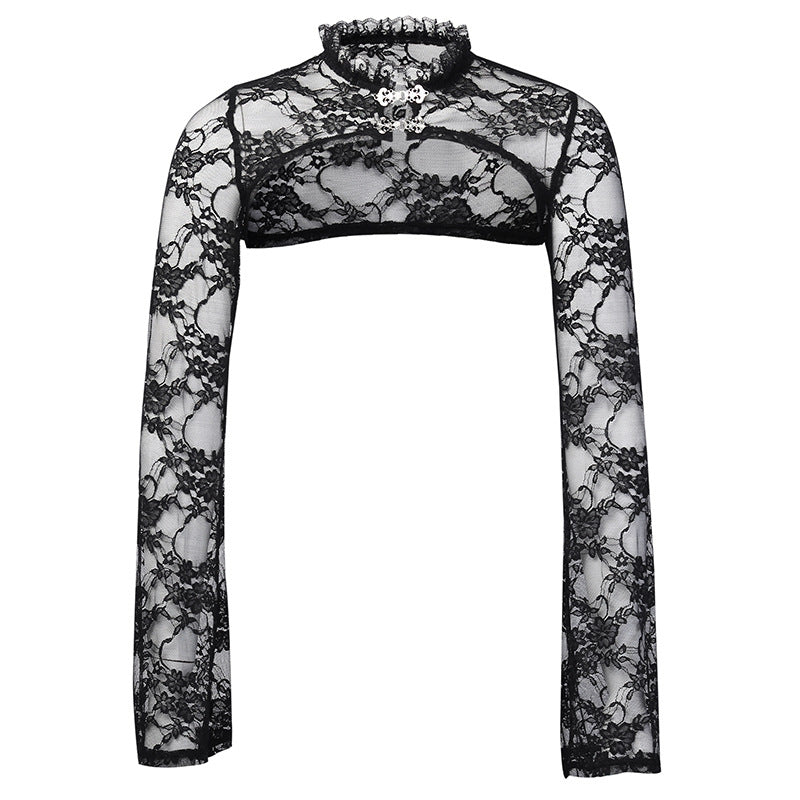 Chic Black Lace Blouse with Stand Collar and Bell Sleeves