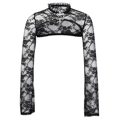 Chic Black Lace Blouse with Stand Collar and Bell Sleeves