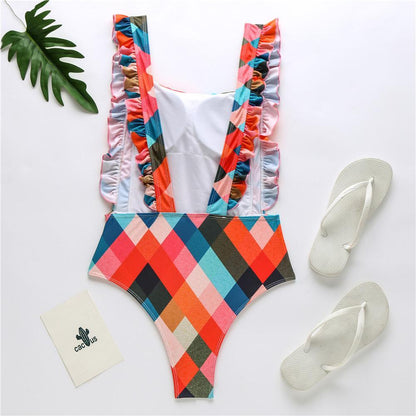New Sexy One-Piece Plaid Striped Swimsuit