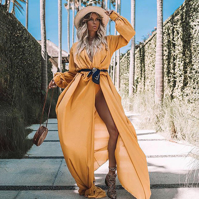New Fashion Loose Pure Color Long Sleeve Lace Up Long Cardigan Jacket
