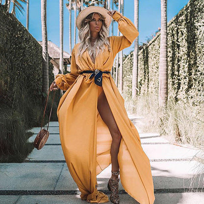 New Fashion Loose Pure Color Long Sleeve Lace Up Long Cardigan Jacket