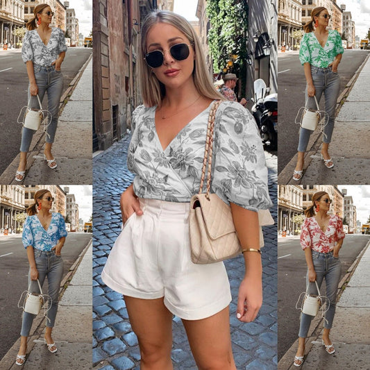 V-Neck Five-Sleeve Printed Blouse