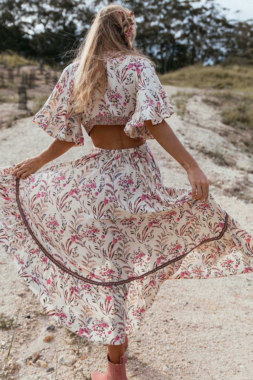 Bohemian Deep V Collar Tie With Back-To-Back Retro-Printed Large Irregular Dress