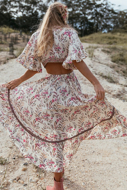 Bohemian Deep V Collar Tie With Back-To-Back Retro-Printed Large Irregular Dress