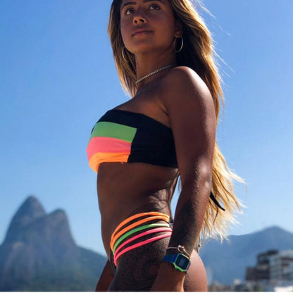 New European And American Women'S Fashion Split Bikini Stitching Striped Swimsuit