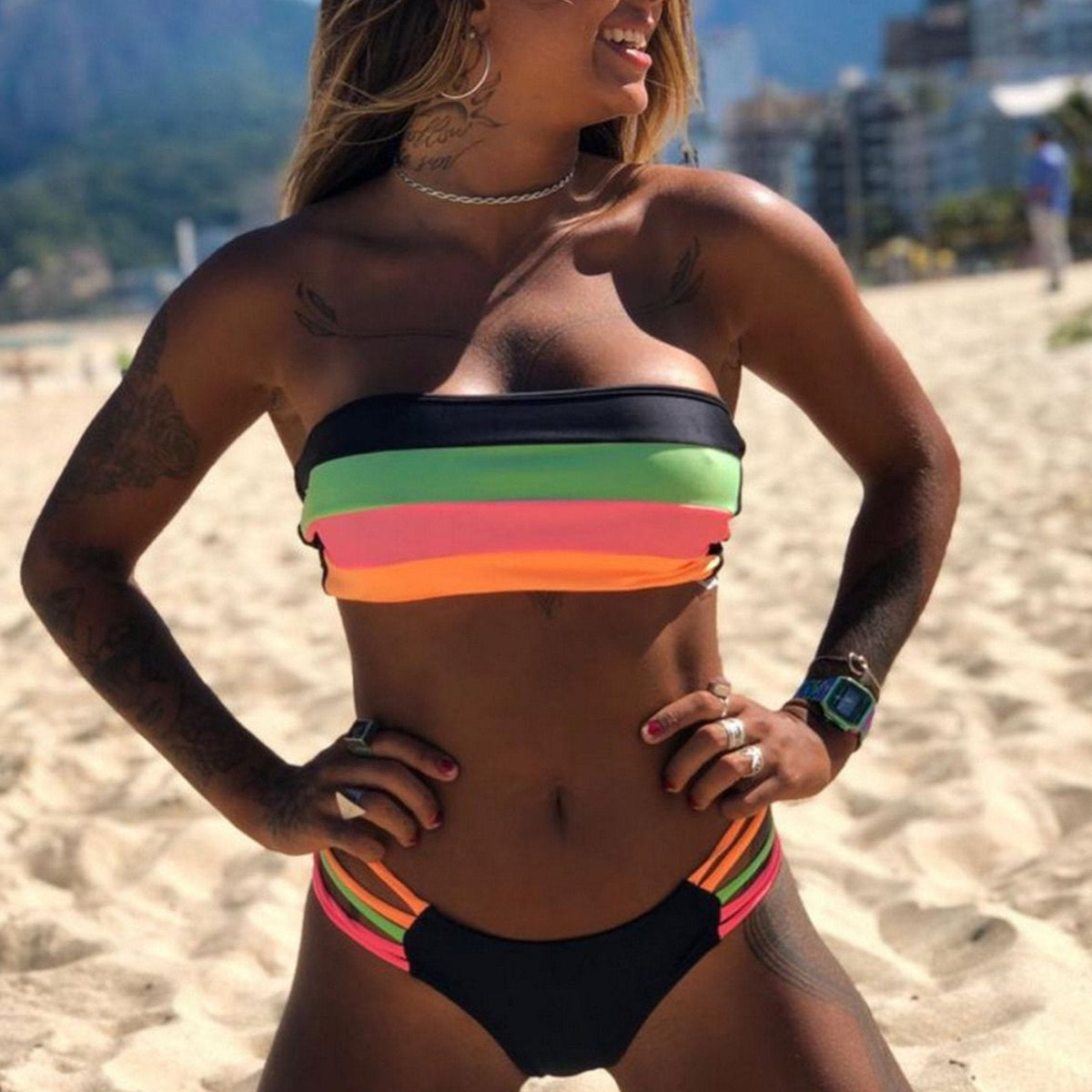 New European And American Women'S Fashion Split Bikini Stitching Striped Swimsuit