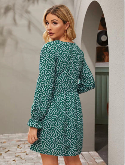 Sexy V-Neck Women'S Long Sleeve Floral Skirt Dress