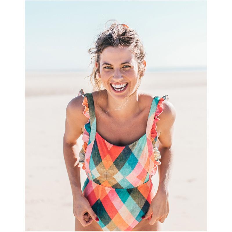 New Sexy One-Piece Plaid Striped Swimsuit