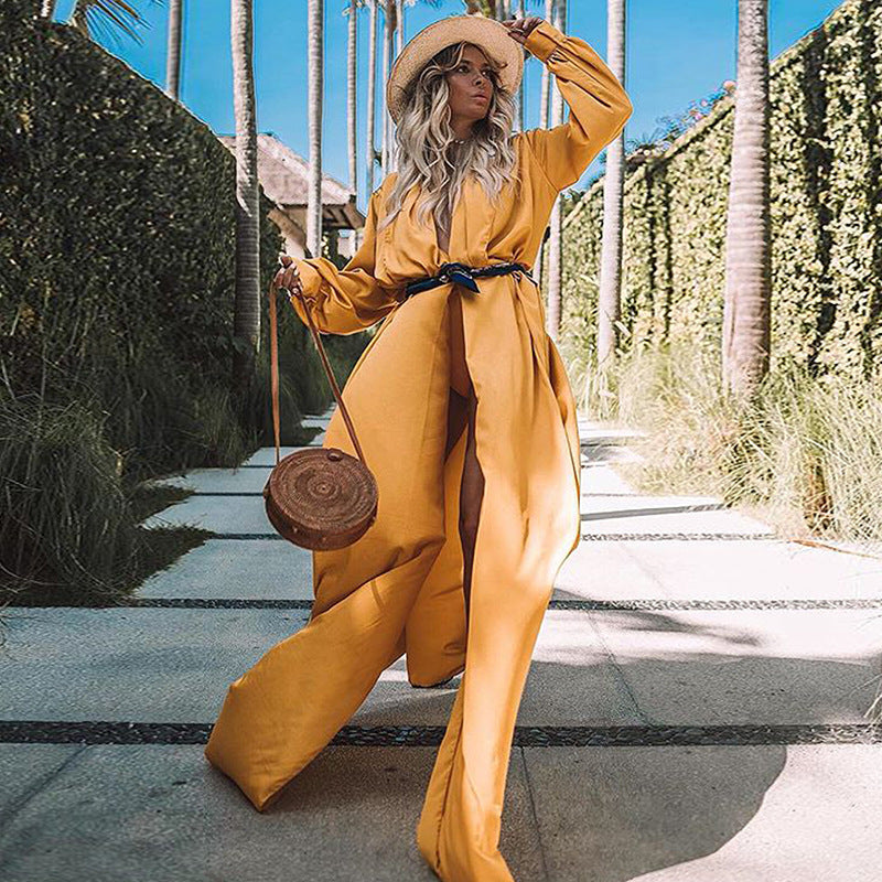 New Fashion Loose Pure Color Long Sleeve Lace Up Long Cardigan Jacket