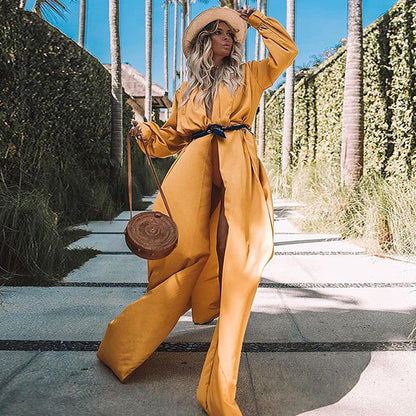 New Fashion Loose Pure Color Long Sleeve Lace Up Long Cardigan Jacket