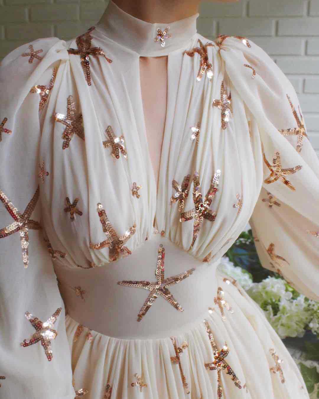New Sequined Lantern Sleeve High-Low Chiffon Dress
