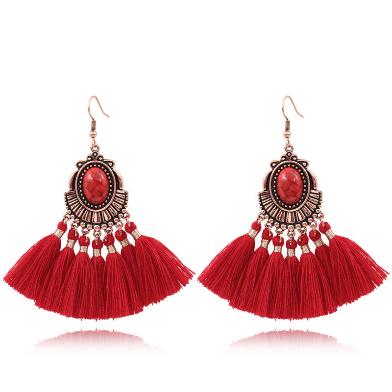 Red Geometric Tassel Earrings Bohemian Style
