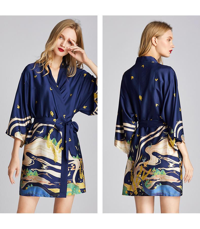 Ice Silk Pajamas Women'S Summer Silk Nightgown Bathrobe Morning Gowns Large Printed Household Clothes Women'S Summer Thin