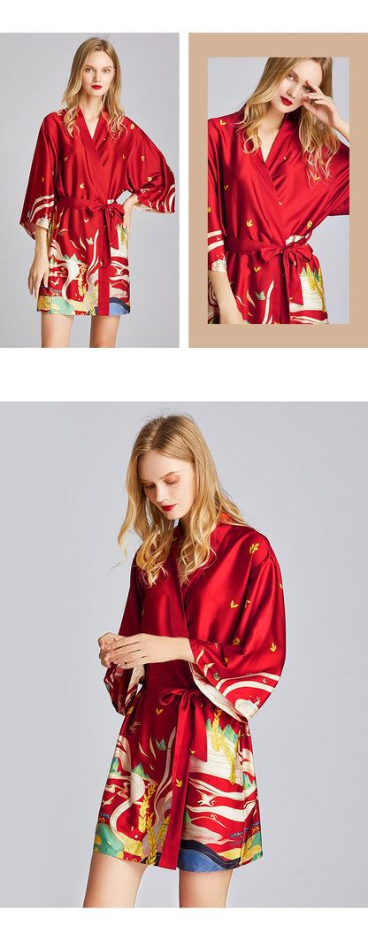 Ice Silk Pajamas Women'S Summer Silk Nightgown Bathrobe Morning Gowns Large Printed Household Clothes Women'S Summer Thin