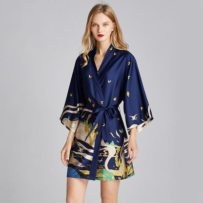 Ice Silk Pajamas Women'S Summer Silk Nightgown Bathrobe Morning Gowns Large Printed Household Clothes Women'S Summer Thin