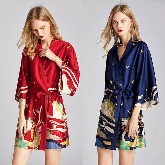 Ice Silk Pajamas Women'S Summer Silk Nightgown Bathrobe Morning Gowns Large Printed Household Clothes Women'S Summer Thin