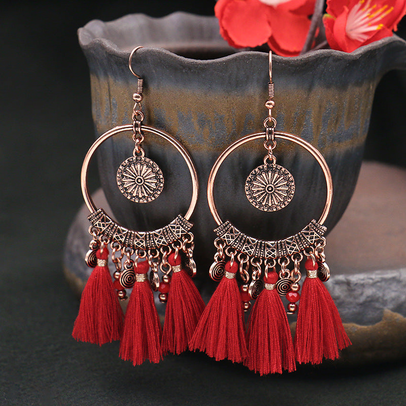 Red Geometric Tassel Earrings Bohemian Style