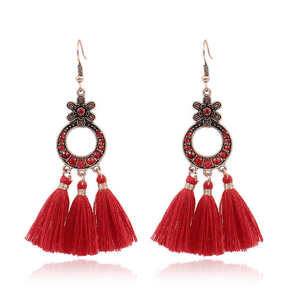 Red Geometric Tassel Earrings Bohemian Style