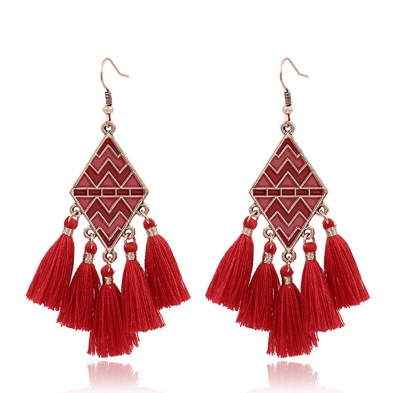 Red Geometric Tassel Earrings Bohemian Style