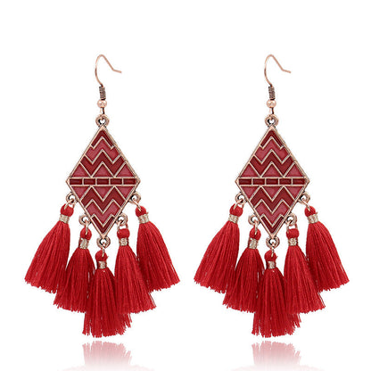 Red Geometric Tassel Earrings Bohemian Style