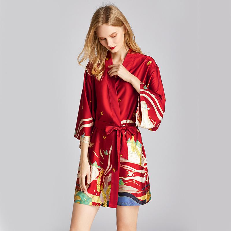 Ice Silk Pajamas Women'S Summer Silk Nightgown Bathrobe Morning Gowns Large Printed Household Clothes Women'S Summer Thin