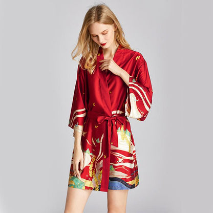 Ice Silk Pajamas Women'S Summer Silk Nightgown Bathrobe Morning Gowns Large Printed Household Clothes Women'S Summer Thin