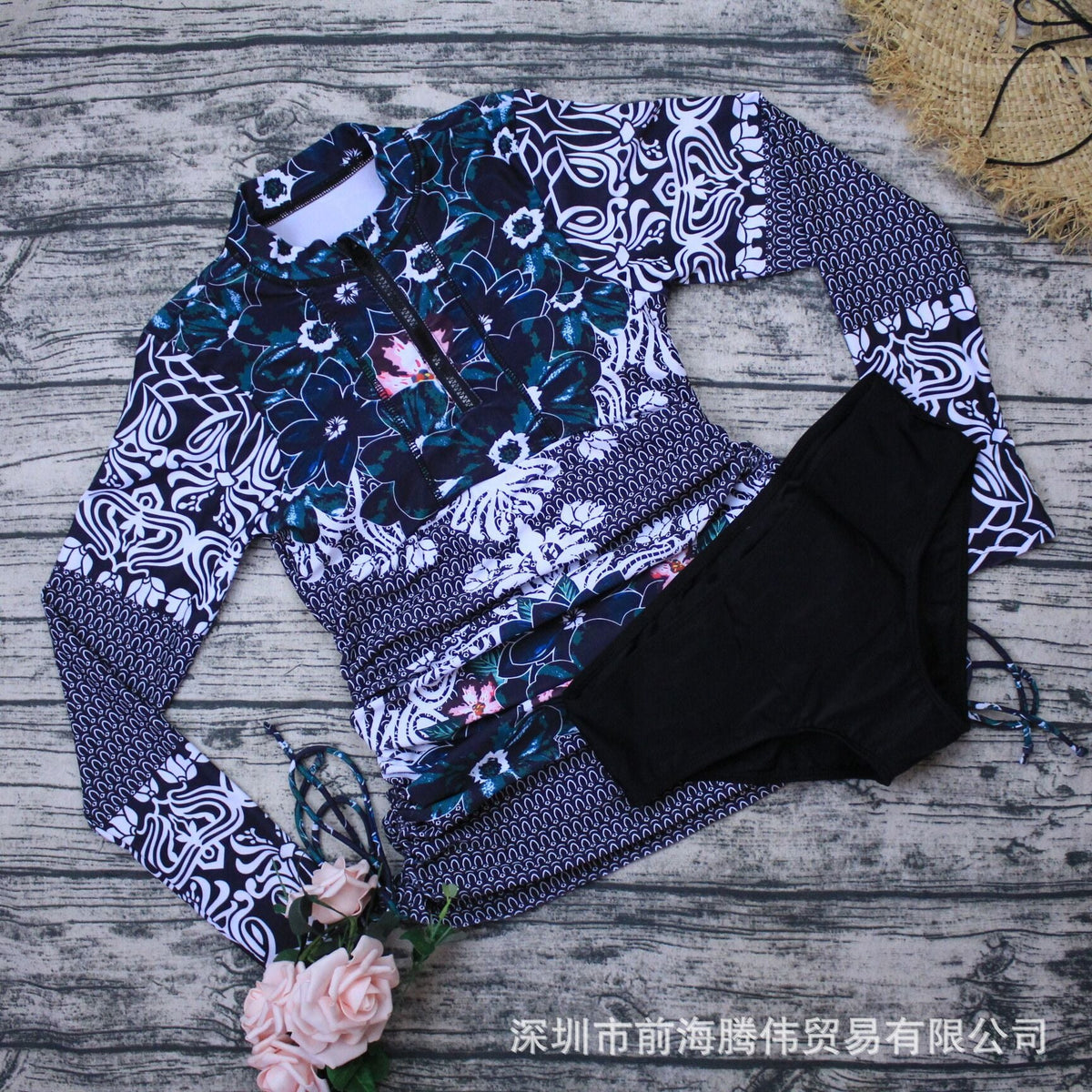 Sexy One Piece Women'S Swimsuit Hot Spring Surfing Diving Long Sleeve Swimsuit Print