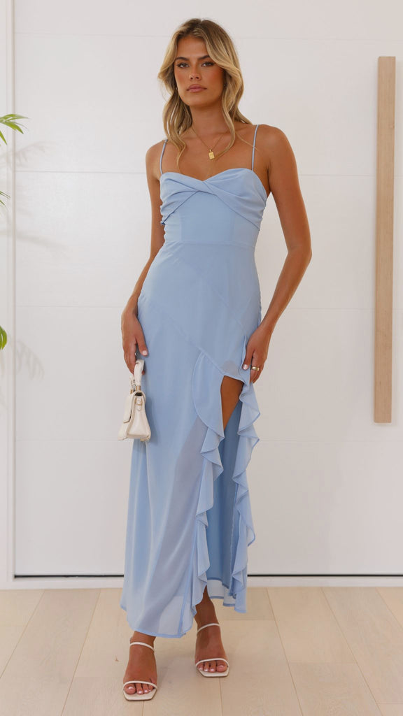 Ruffled Slit Maxi Dress In Blue Chiffon