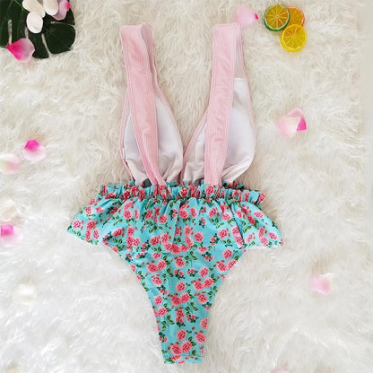 Ruffled Print V-Neck Bow Ins Style One Piece Swimsuit