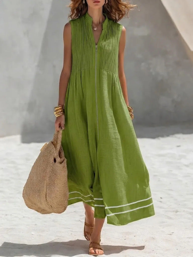 Stand Collar Pleated Zip Front Sleeveless Linen Midi Dress