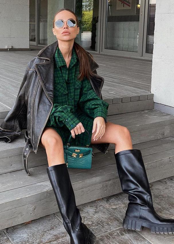 Oversized Plaid Shirt Cotton Retro Green Style