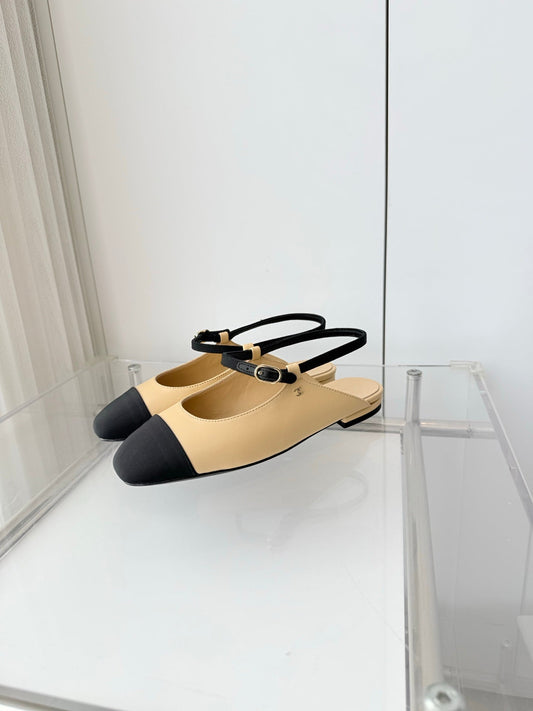 Chanel 26 Slingback Flats Beige Black in Lambskin 597389