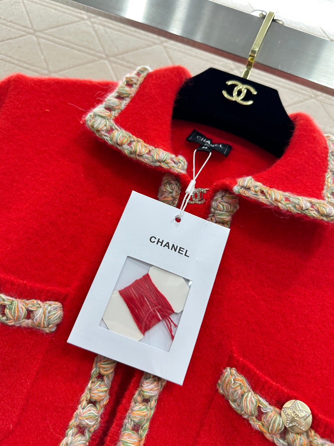 Chanel 25 Knitted Cardigan with Contrasting Trim Red in Wool 801436