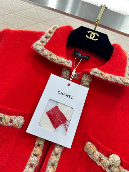 Chanel 25 Knitted Cardigan with Contrasting Trim Red in Wool 801436