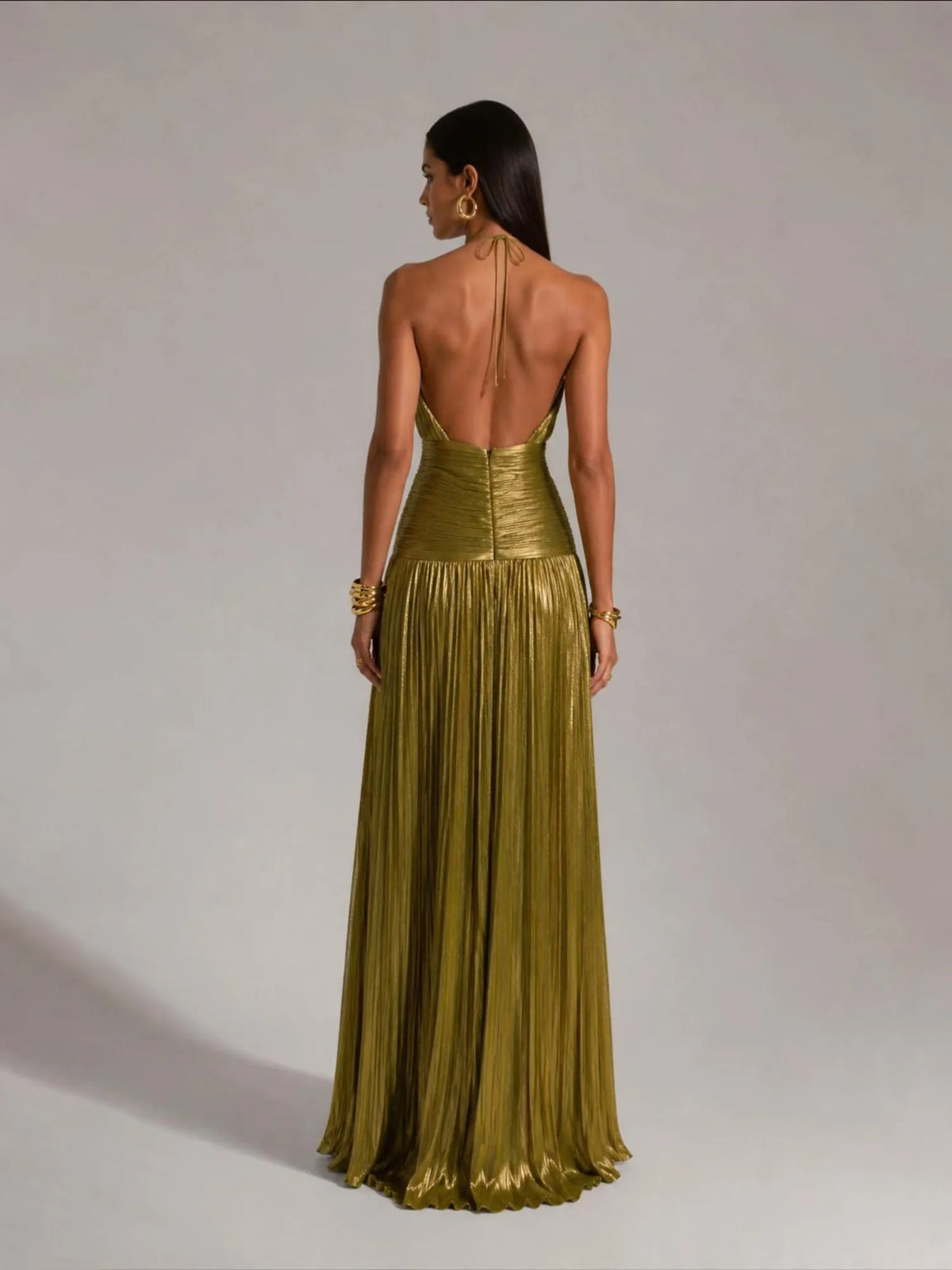 Amara Pleated Halter Maxi Dress with High Slit