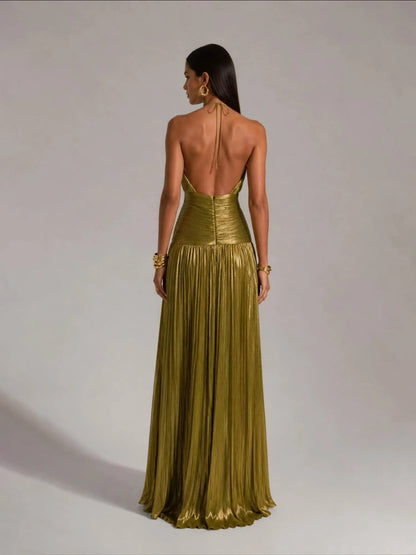 Amara Pleated Halter Maxi Dress with High Slit