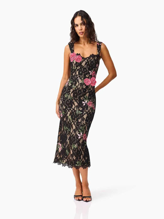 Clarissa Lace Midi Dress in Black