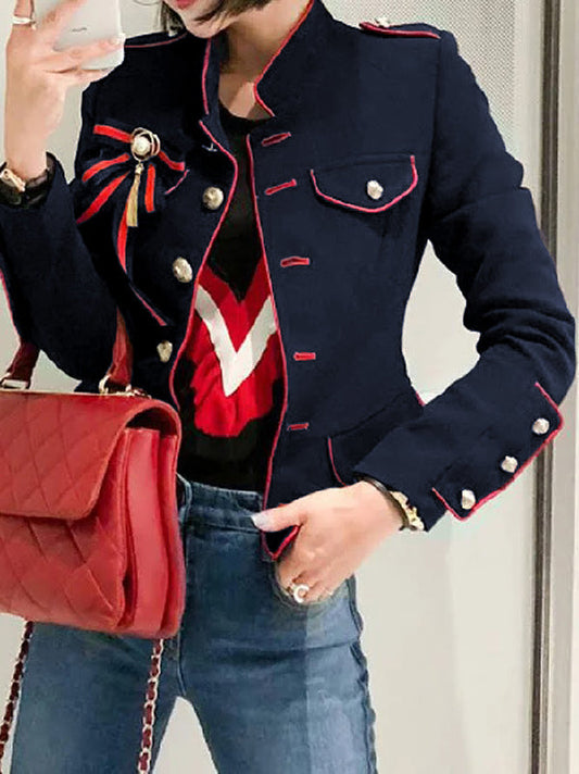 Long Sleeve Loose Button Stand Collar Cotton Blend Jacket