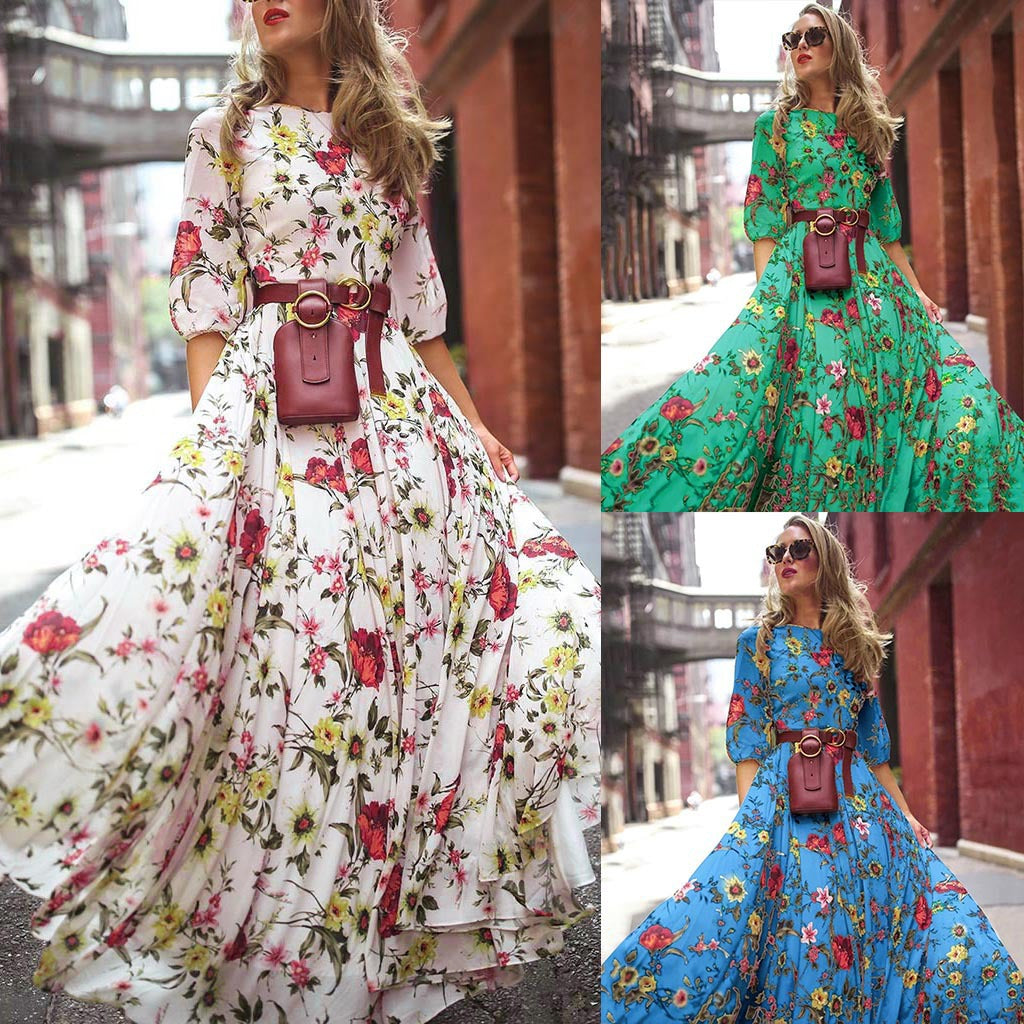 Bohemian Style Printed Chiffon Maxi Dress For Women