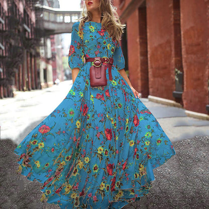 Bohemian Style Printed Chiffon Maxi Dress For Women
