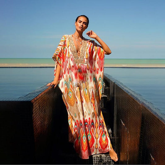 Retro Printed Bat Sleeve V-Neck Holiday Bohemian Loose Dress