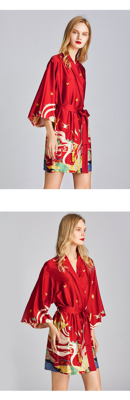 Ice Silk Pajamas Women'S Summer Silk Nightgown Bathrobe Morning Gowns Large Printed Household Clothes Women'S Summer Thin