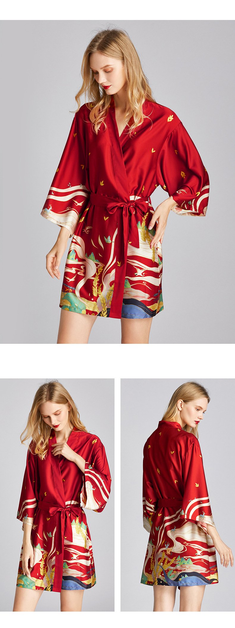 Ice Silk Pajamas Women'S Summer Silk Nightgown Bathrobe Morning Gowns Large Printed Household Clothes Women'S Summer Thin