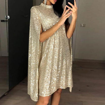 Stand Collar Sequined Dress Is Loose.